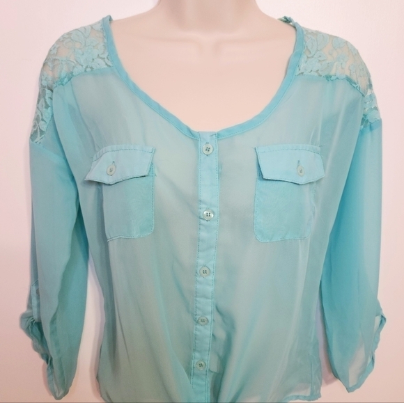 Deb Button Tie Front Chiffon Lace Collar Blouse Aqua Medium - Picture 2 of 12